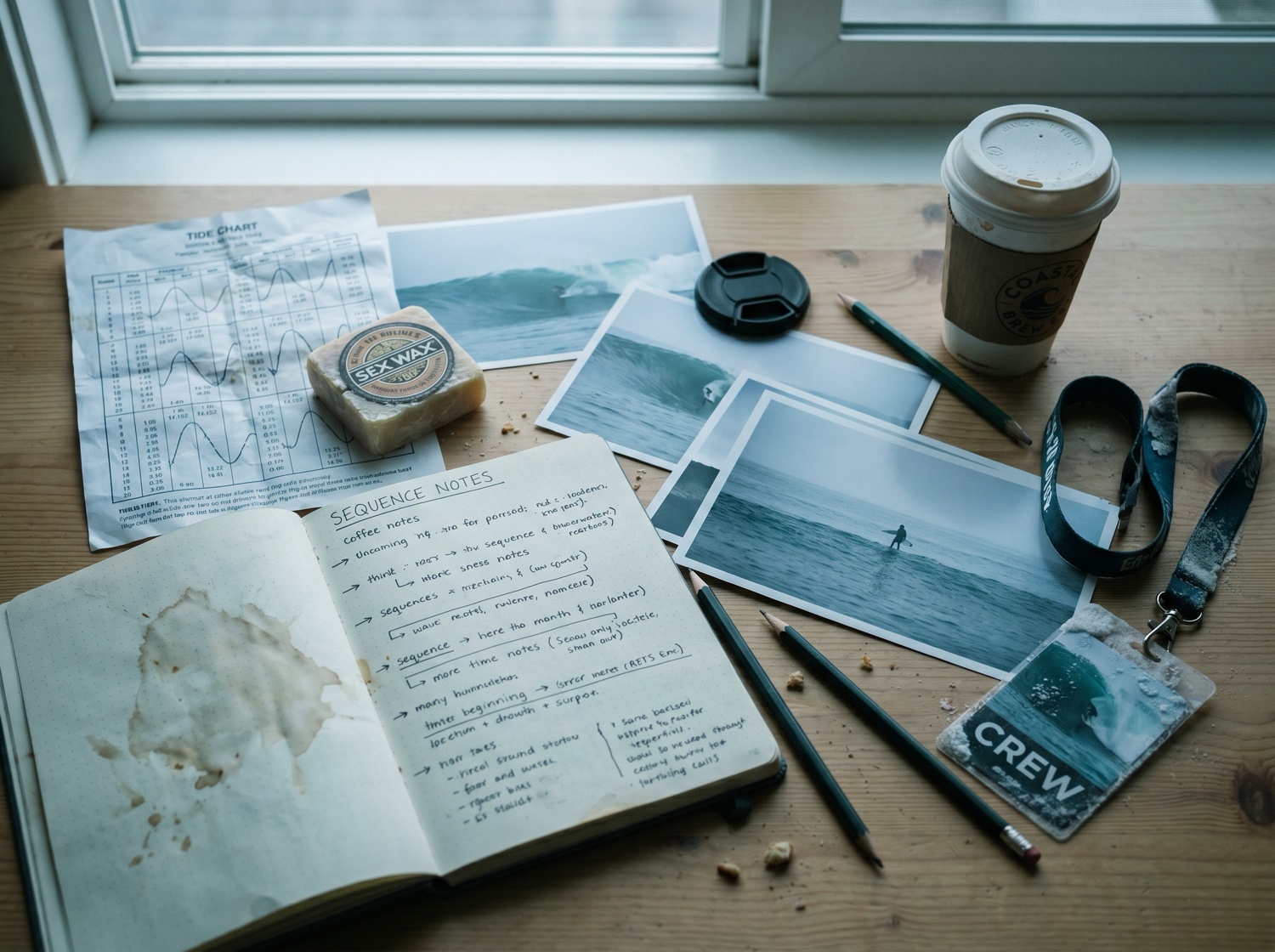 A documentary producer's working notes: a handwritten outline, sticky notes, and a clapperboard